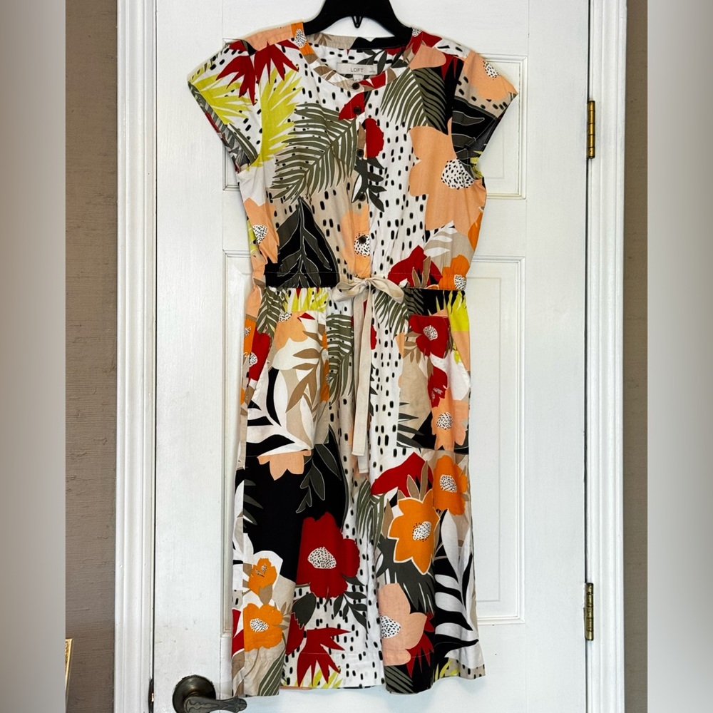 LOFT Multicolor Tropical Floral Tie-Waist Midi Dress